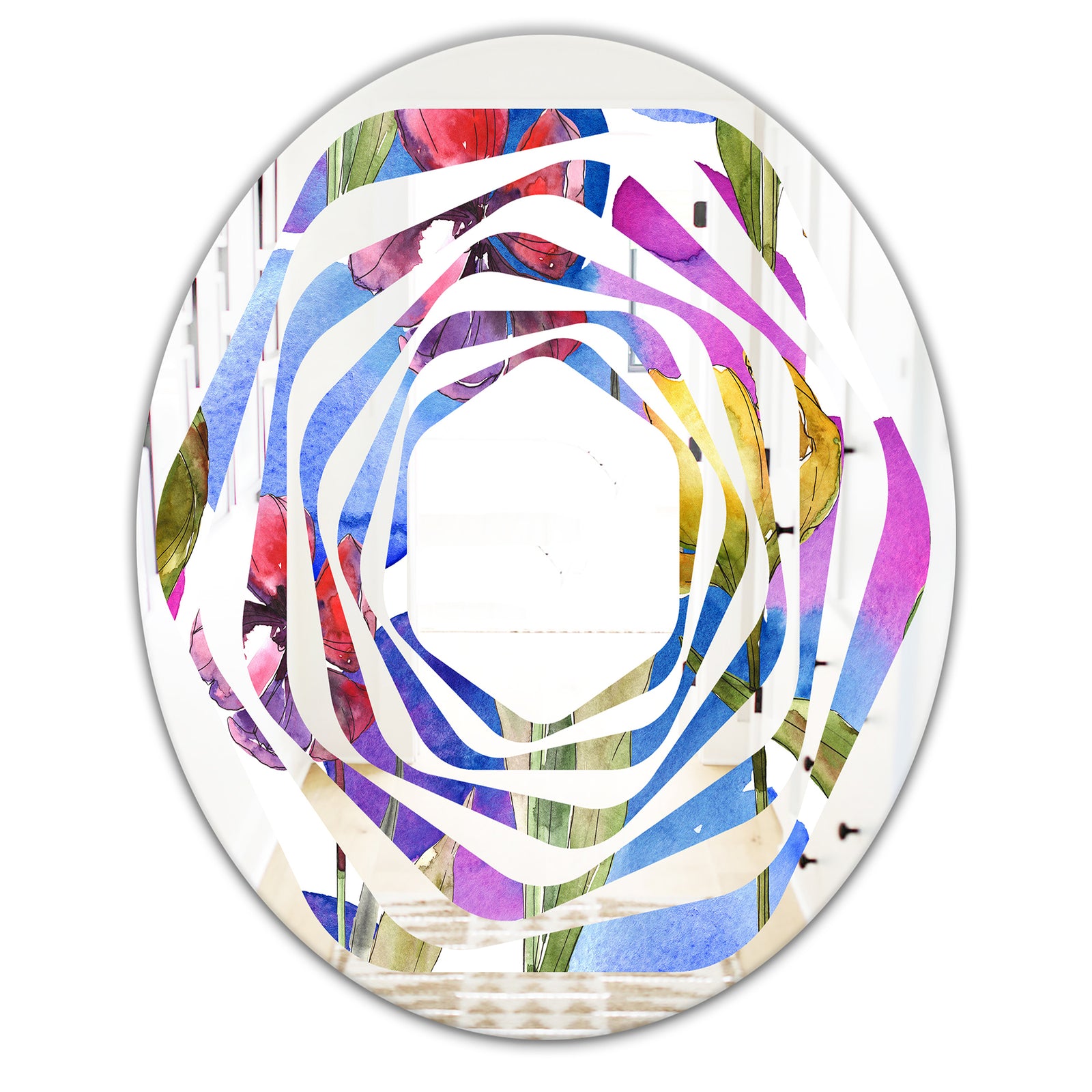 Retro Tulips in Purple - Cottage Round or Oval Wall Mirror - Whirl