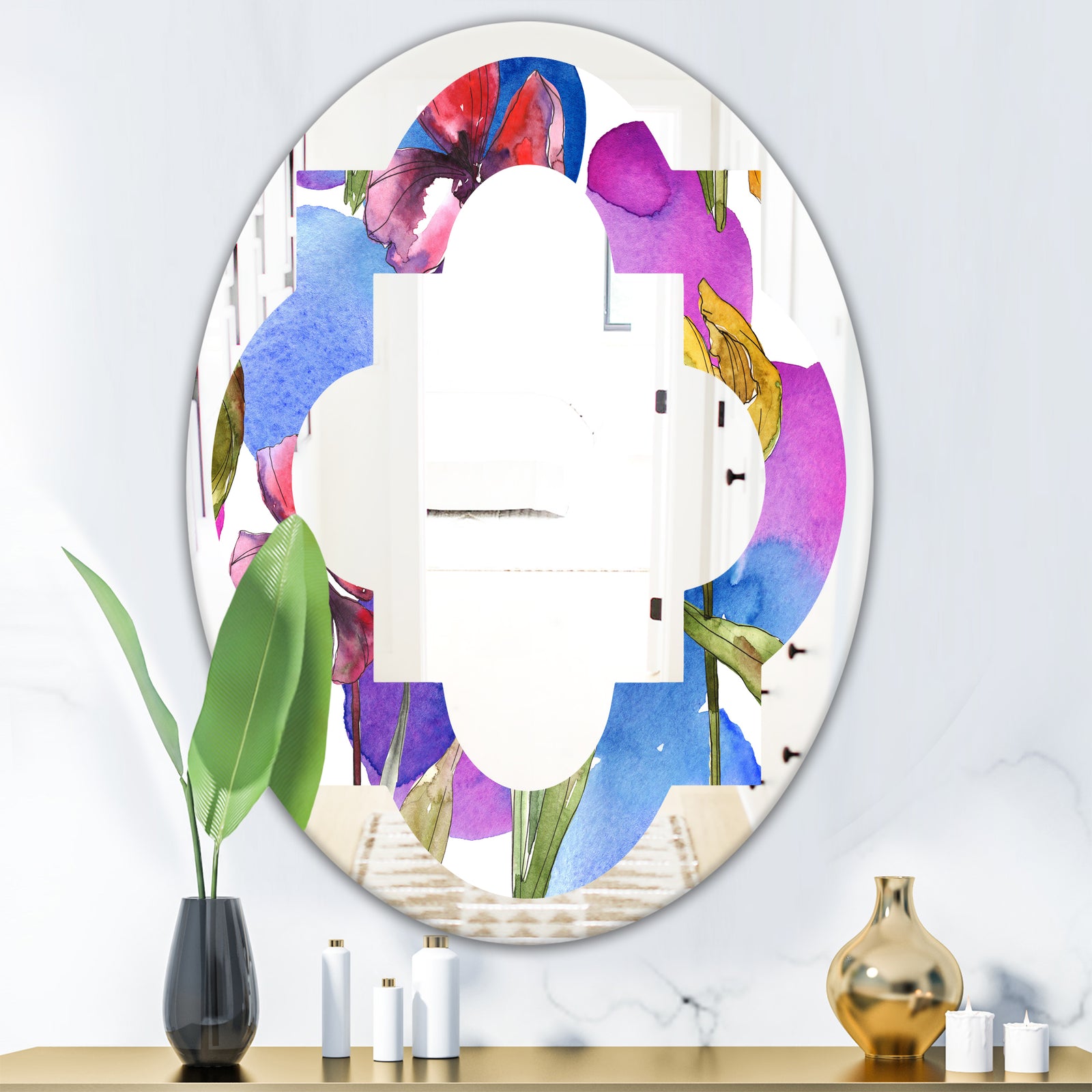 Retro Tulips in Purple - Cottage Round or Oval Wall Mirror - Quatrefoil