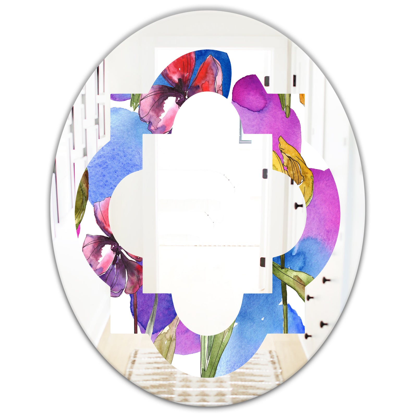 Retro Tulips in Purple - Cottage Round or Oval Wall Mirror - Quatrefoil