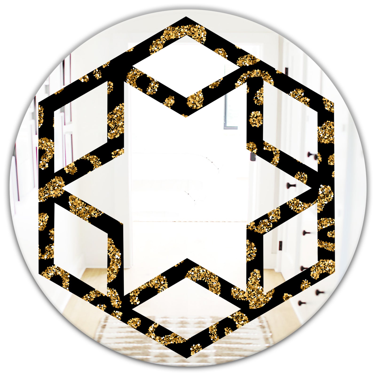 Golden Leopard Fur - Modern Round or Oval Wall Mirror - Hexagon Star