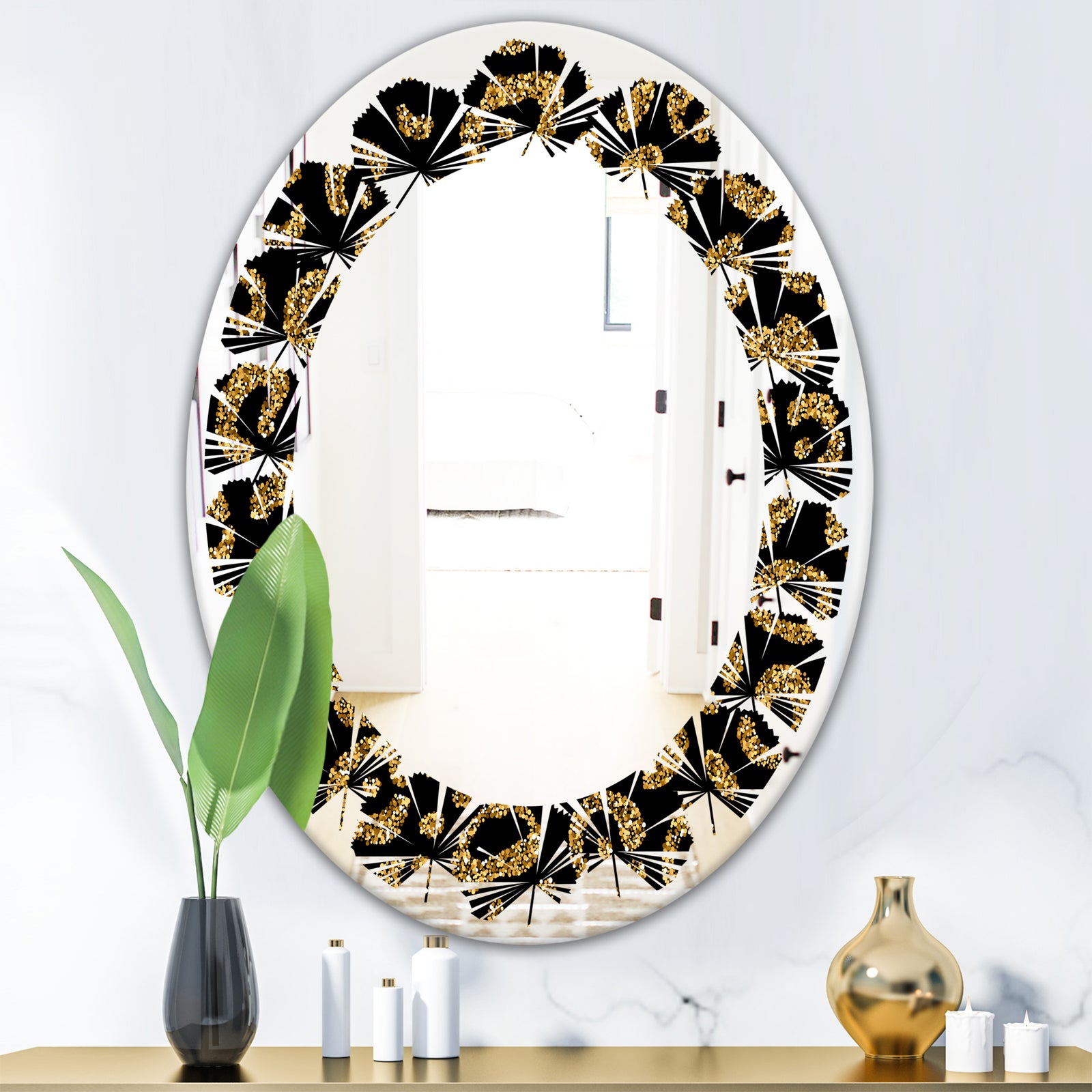 Golden Leopard Fur - Modern Round or Oval Wall Mirror - Leaves