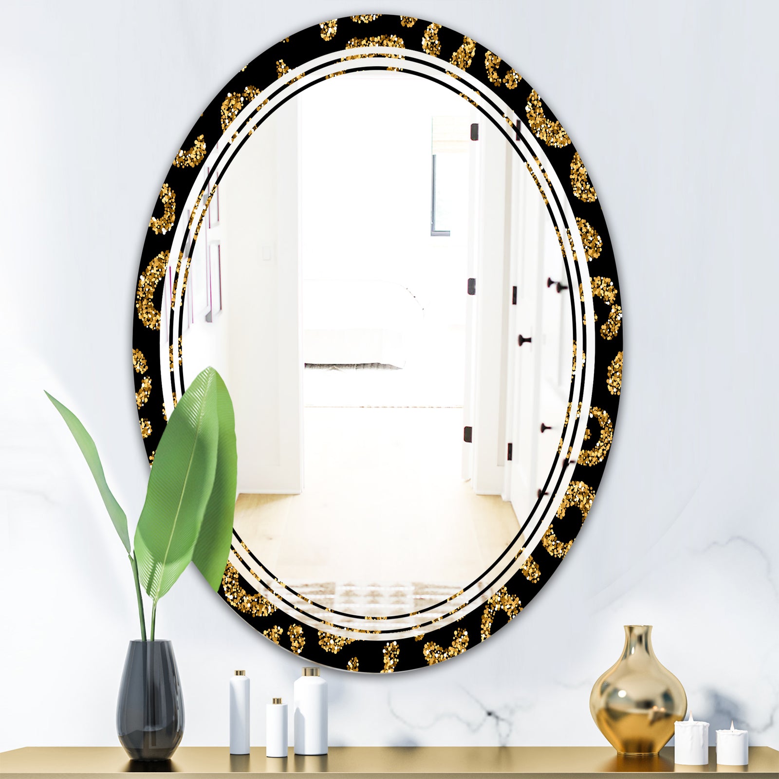 Golden Leopard Fur - Modern Round or Oval Wall Mirror - Triple C