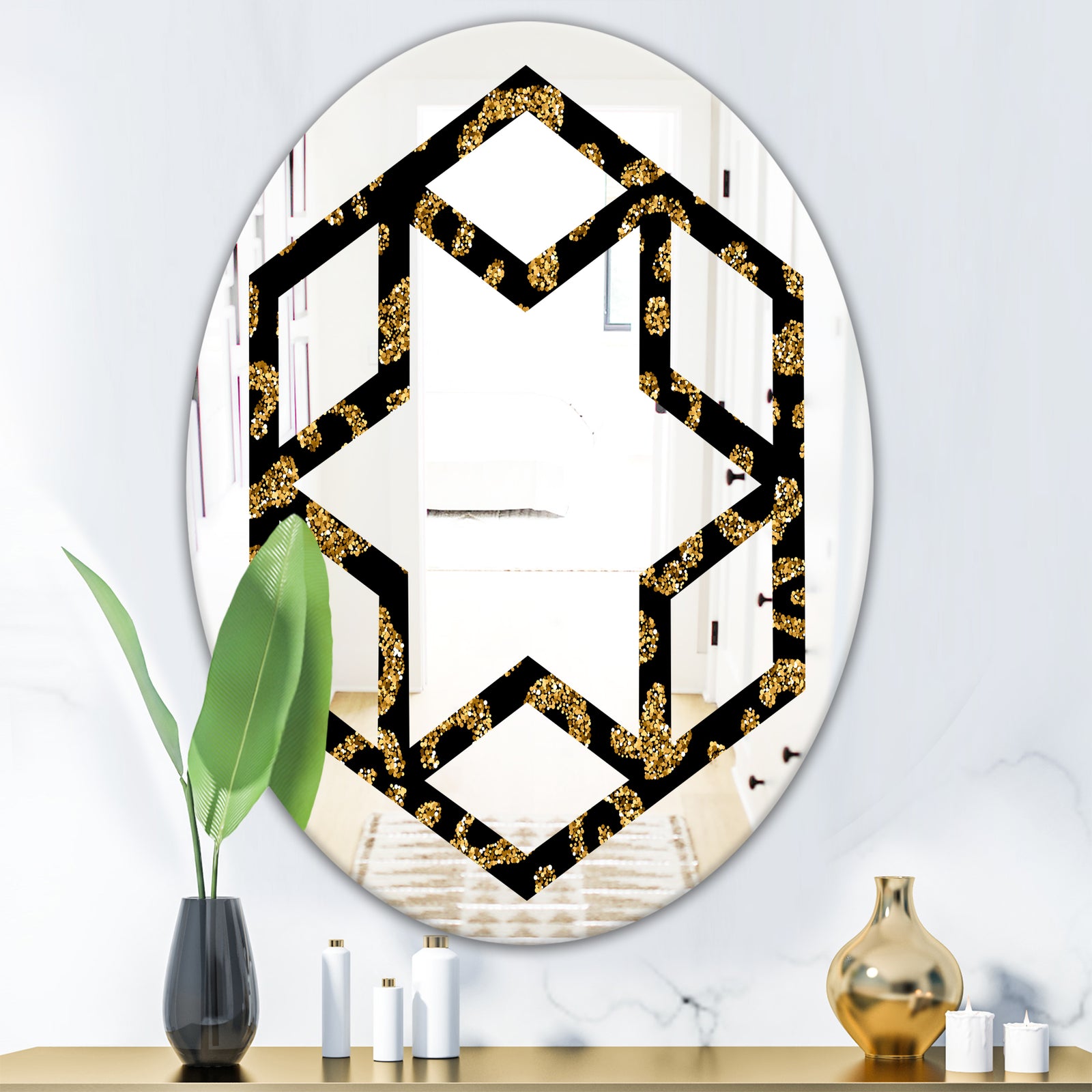 Golden Leopard Fur - Modern Round or Oval Wall Mirror - Hexagon Star