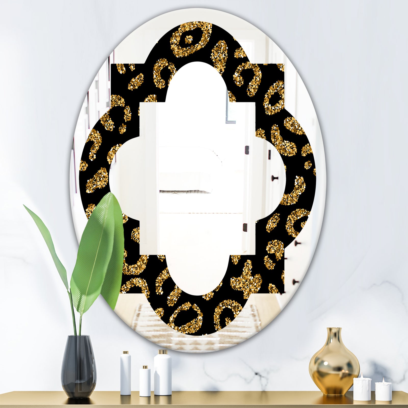 Golden Leopard Fur - Modern Round or Oval Wall Mirror - Quatrefoil