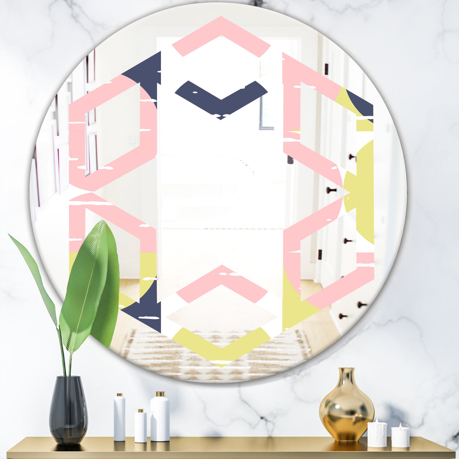 Retro Pastel Circular Pattern I - Modern Round or Oval Wall Mirror - Hexagon Star