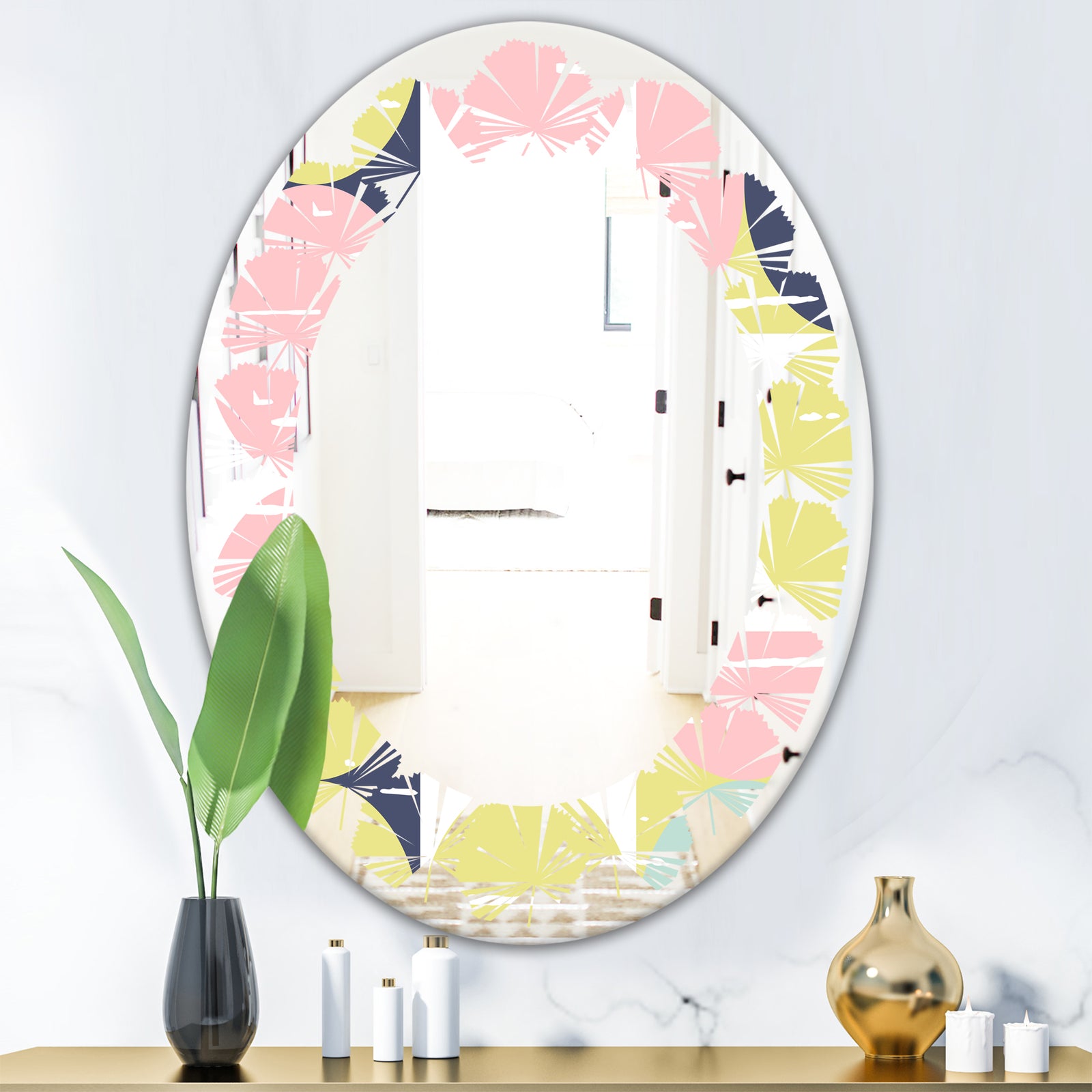 Retro Pastel Circular Pattern I - Modern Round or Oval Wall Mirror - Leaves