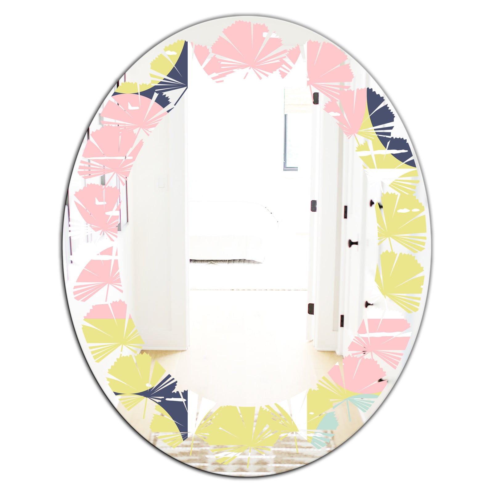 Retro Pastel Circular Pattern I - Modern Round or Oval Wall Mirror - Leaves