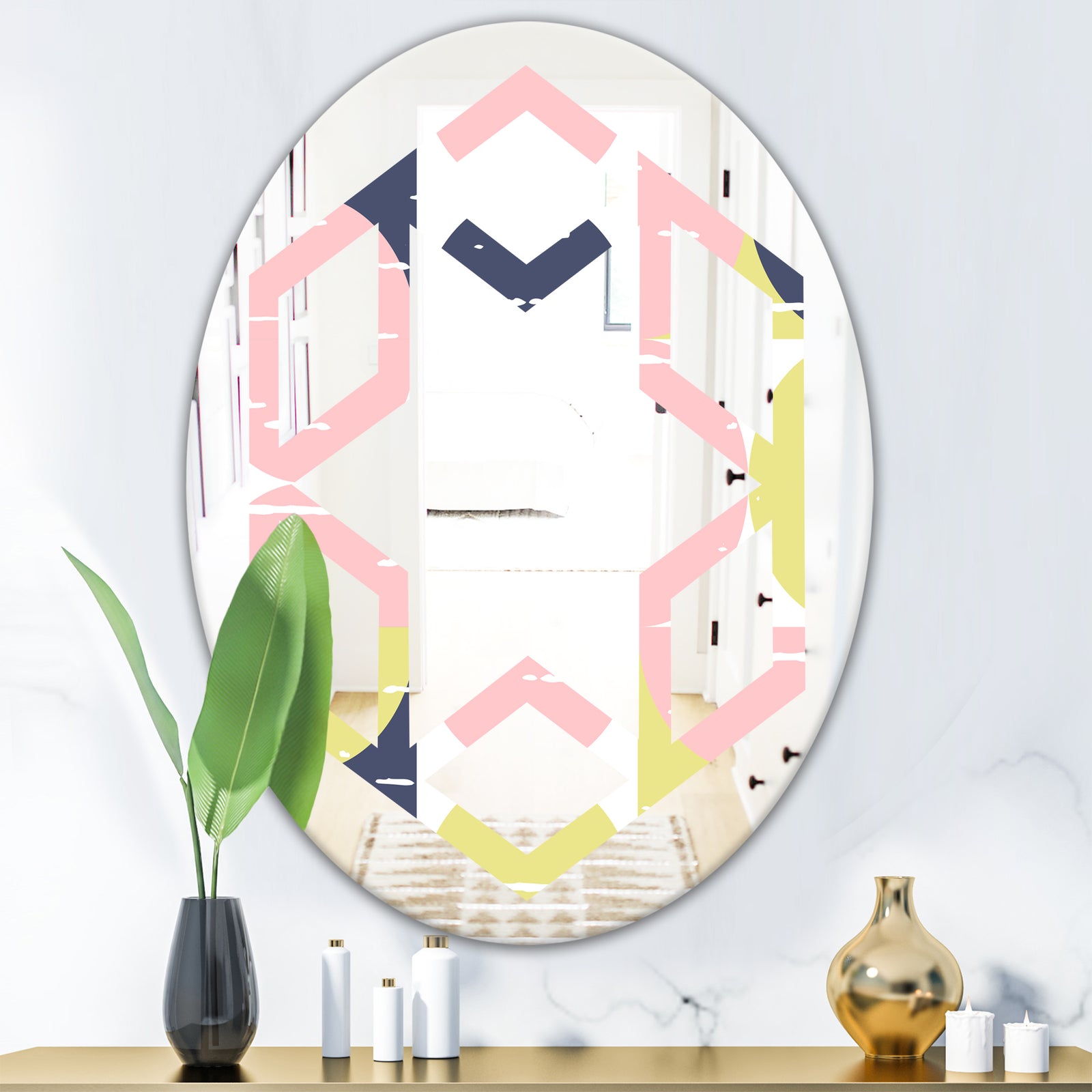 Retro Pastel Circular Pattern I - Modern Round or Oval Wall Mirror - Hexagon Star