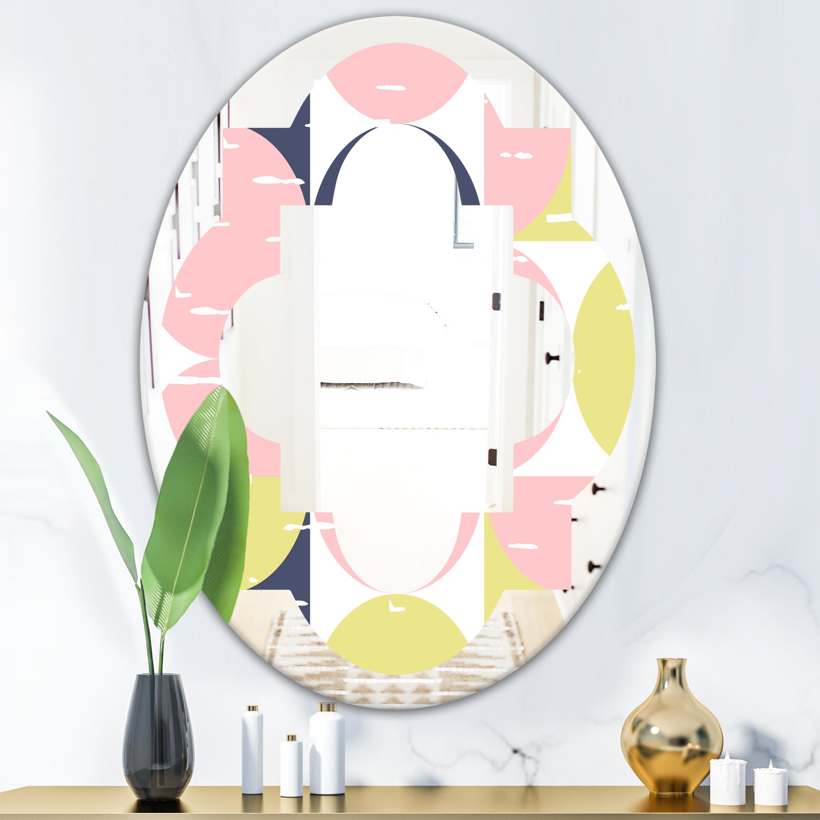Retro Pastel Circular Pattern I - Modern Round or Oval Wall Mirror - Quatrefoil