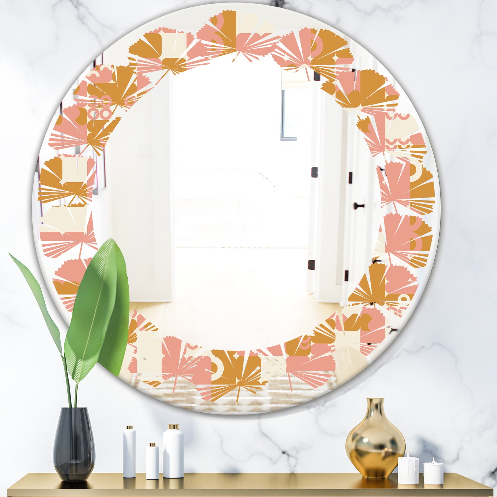 Pink Retro Abstract Design - Modern Round or Oval Wall Mirror - Leaves
