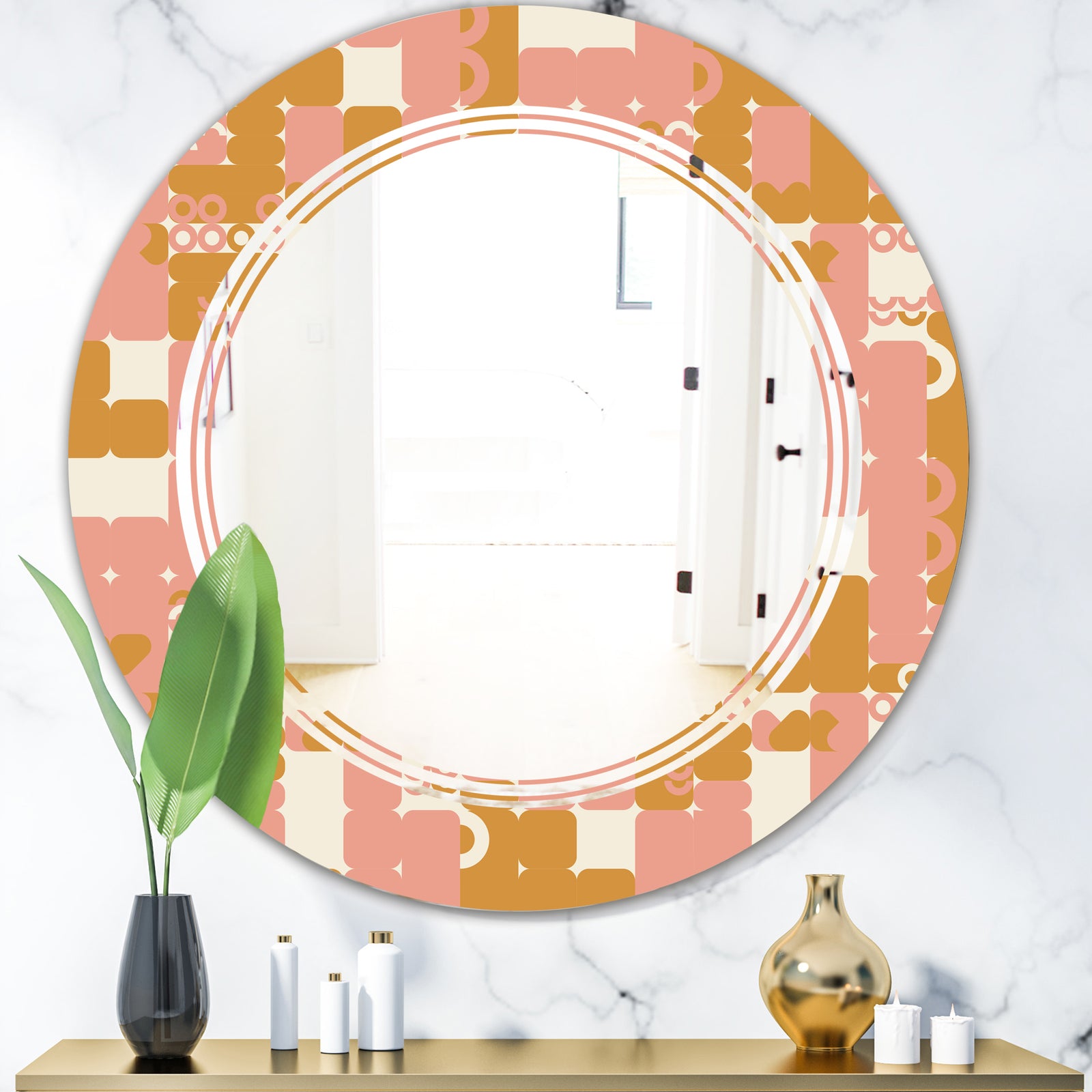 Pink Retro Abstract Design - Modern Round or Oval Wall Mirror - Triple C