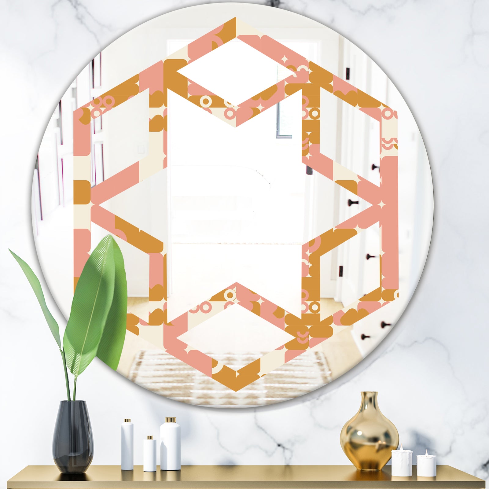Pink Retro Abstract Design - Modern Round or Oval Wall Mirror - Hexagon Star