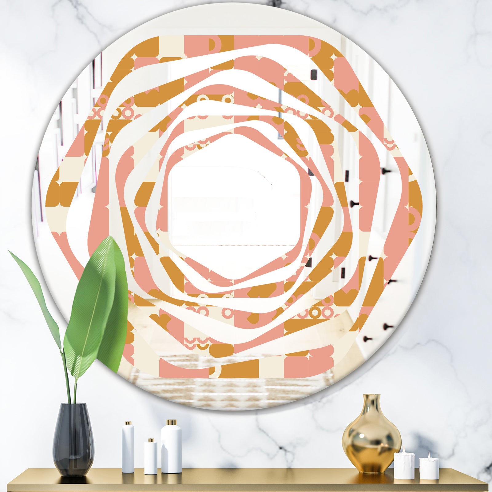 Pink Retro Abstract Design - Modern Round or Oval Wall Mirror - Whirl