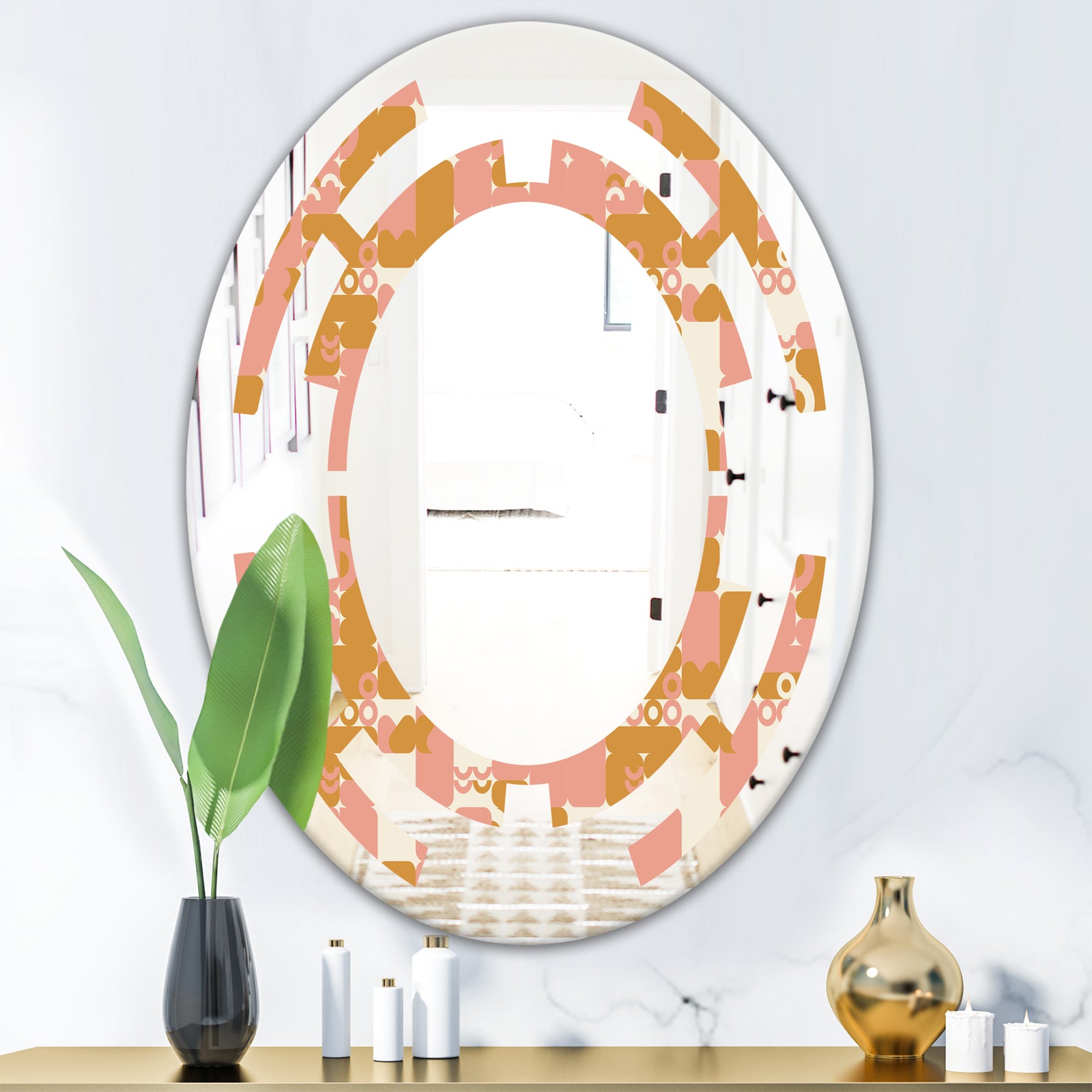 Pink Retro Abstract Design - Modern Round or Oval Wall Mirror - Space