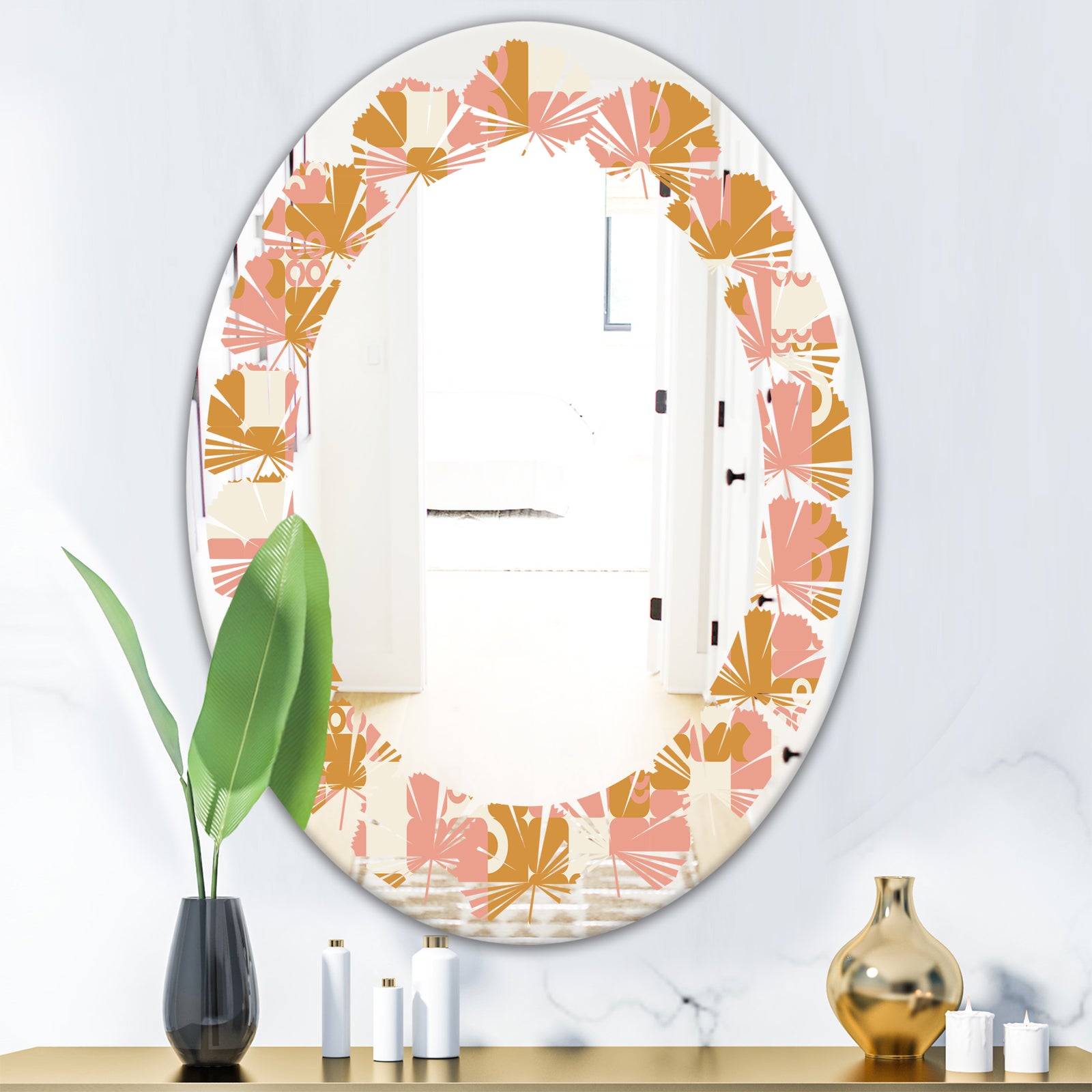Pink Retro Abstract Design - Modern Round or Oval Wall Mirror - Leaves