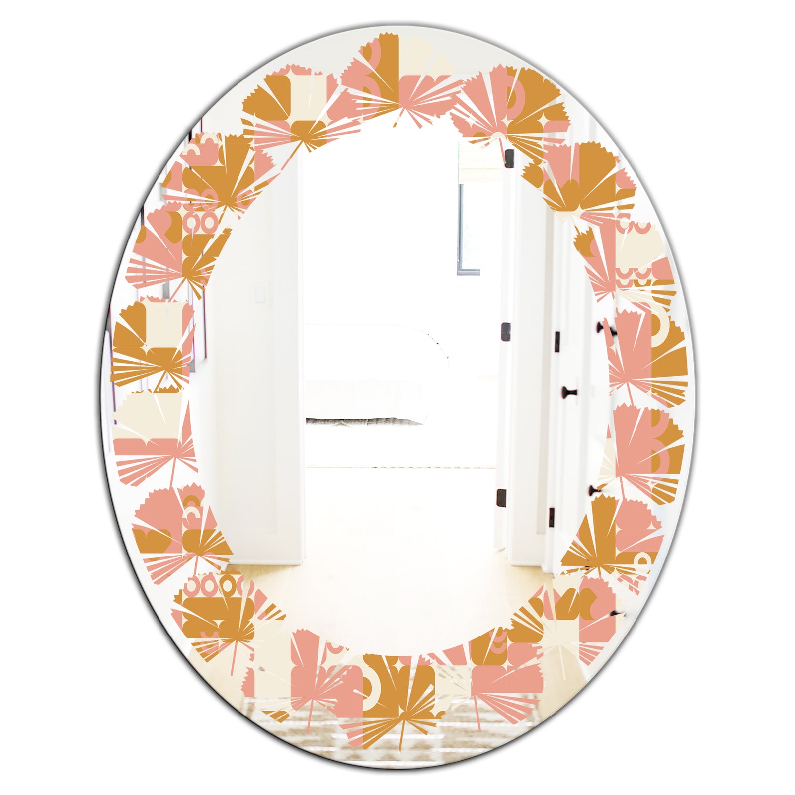 Pink Retro Abstract Design - Modern Round or Oval Wall Mirror - Leaves
