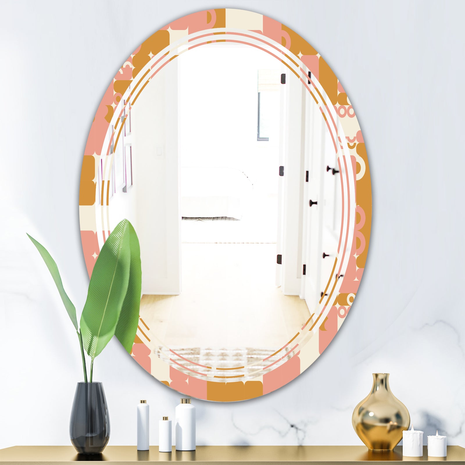 Pink Retro Abstract Design - Modern Round or Oval Wall Mirror - Triple C