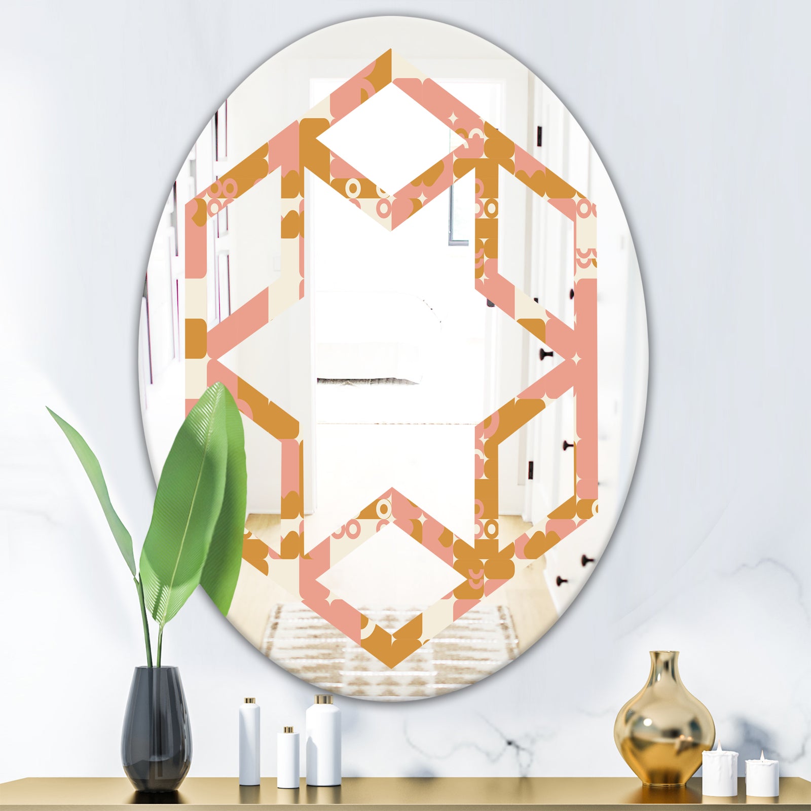 Pink Retro Abstract Design - Modern Round or Oval Wall Mirror - Hexagon Star