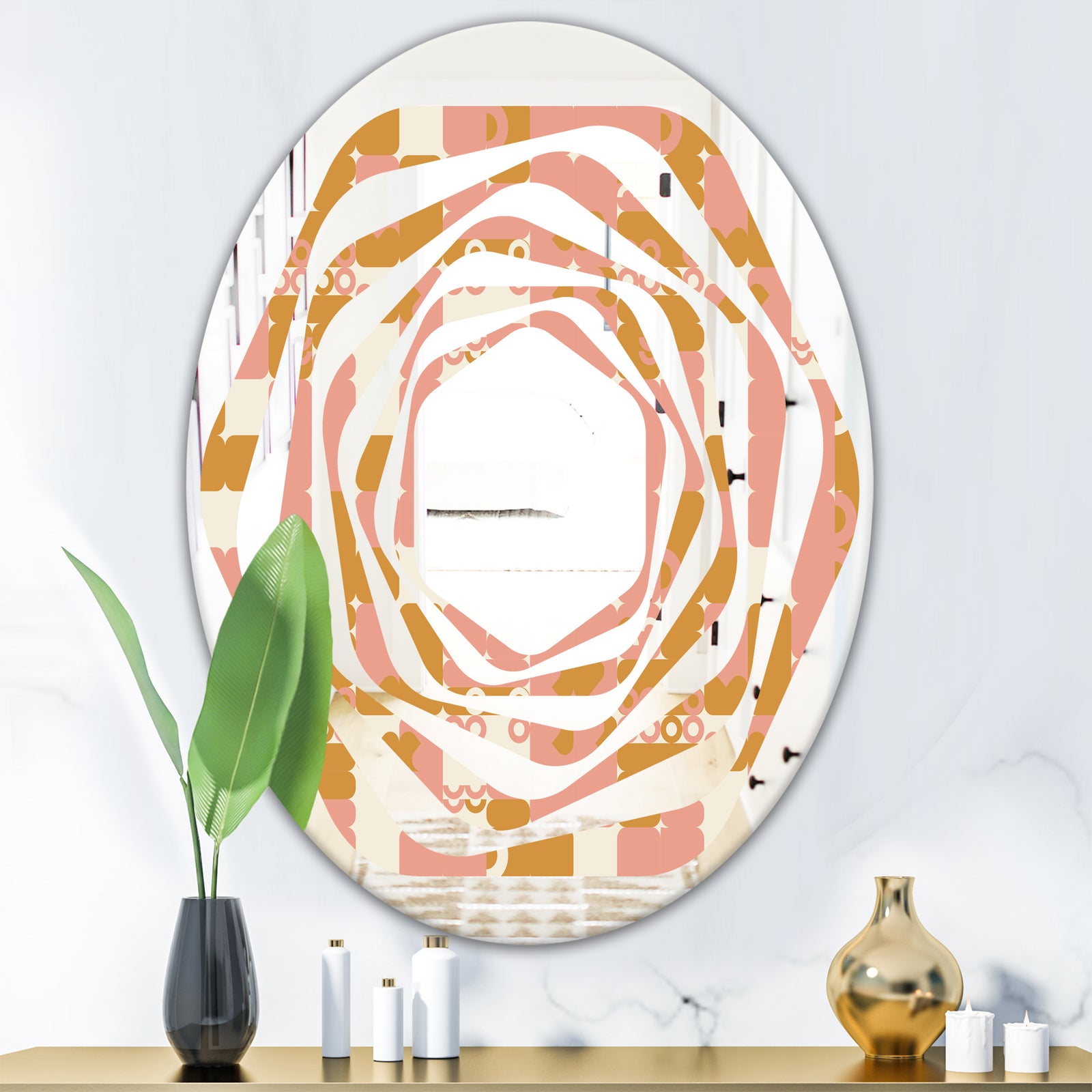 Pink Retro Abstract Design - Modern Round or Oval Wall Mirror - Whirl