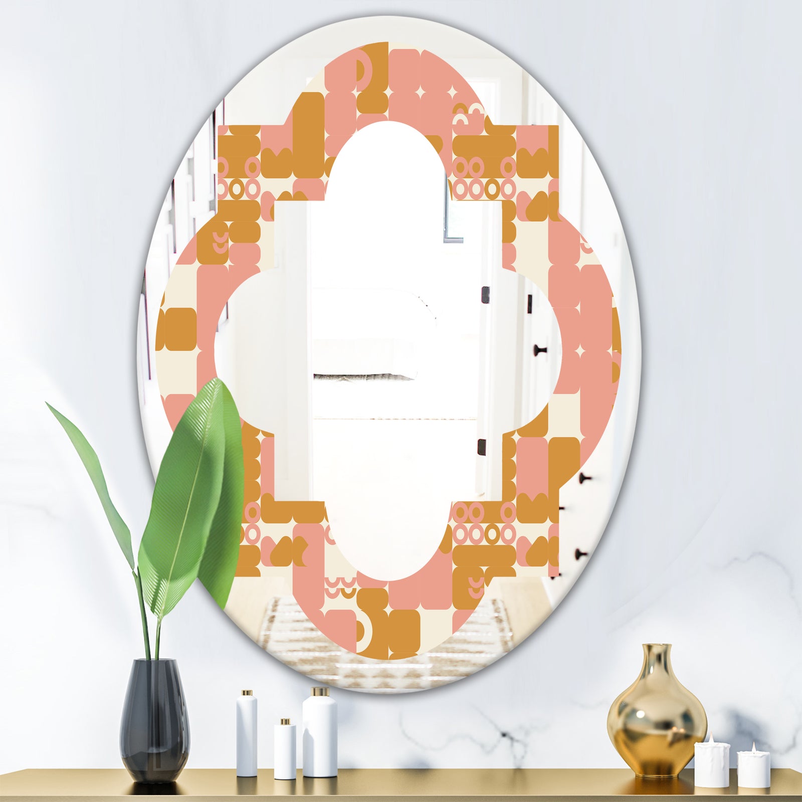 Pink Retro Abstract Design - Modern Round or Oval Wall Mirror - Quatrefoil