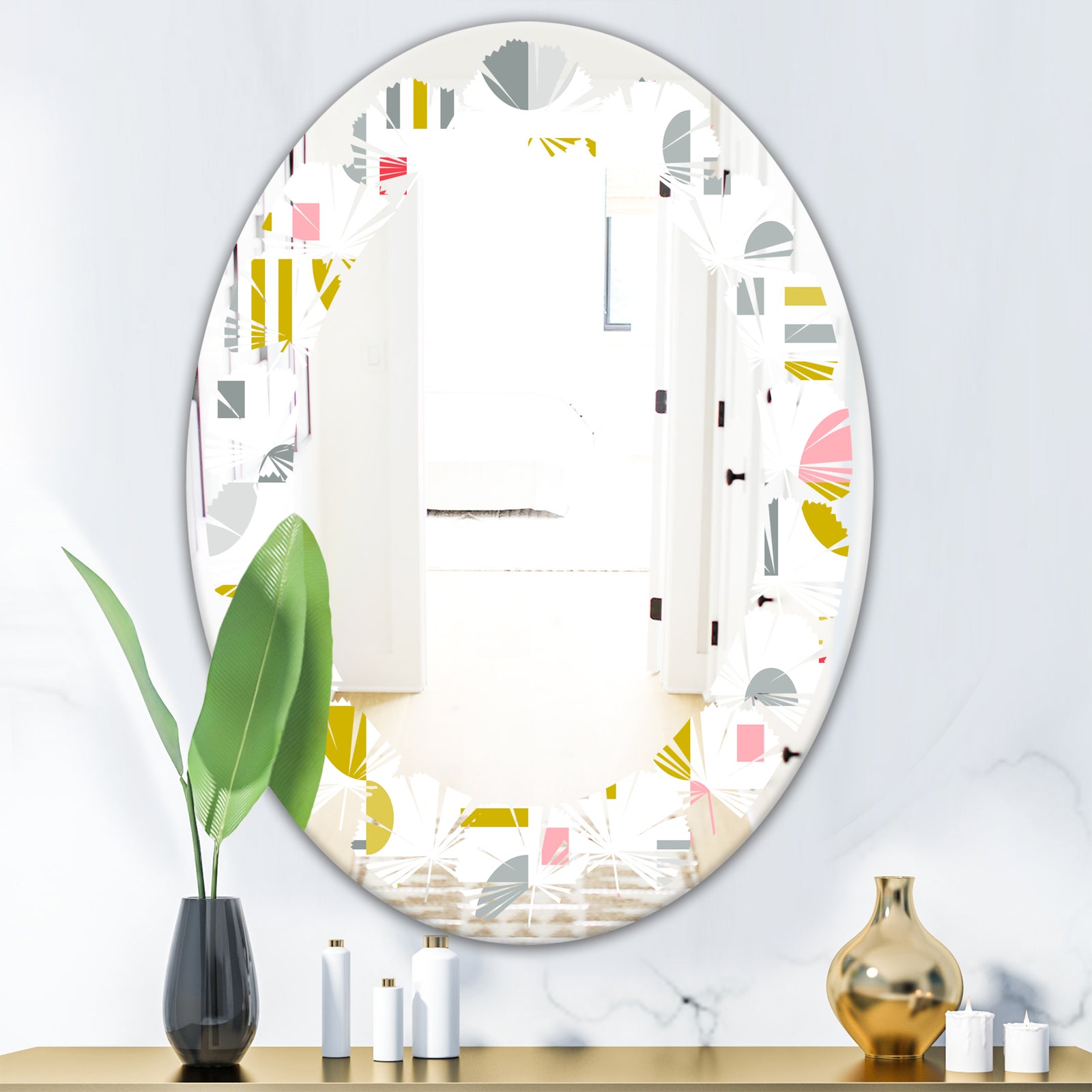 Retro Abstract Design XVI - Modern Round or Oval Wall Mirror - Leaves