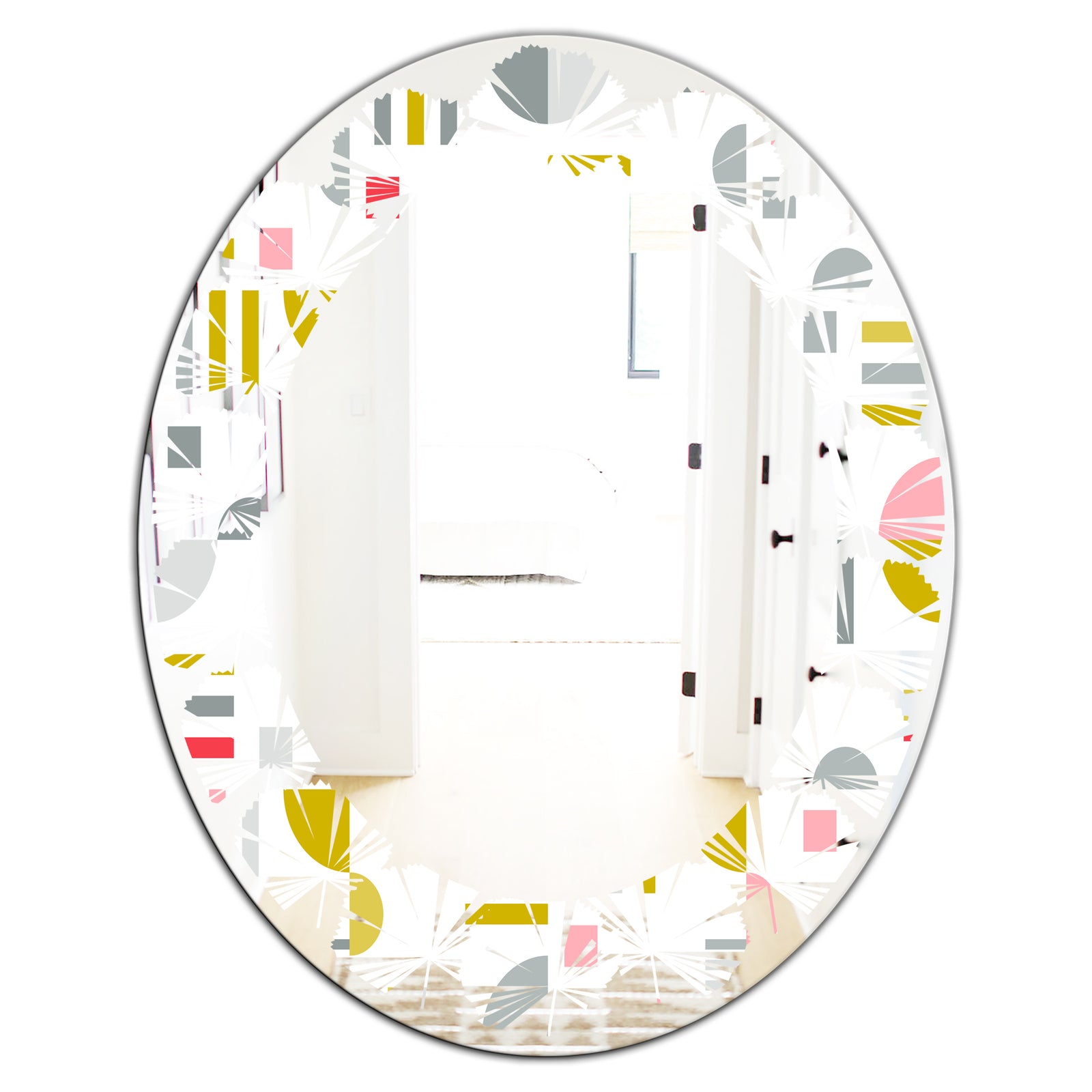 Retro Abstract Design XVI - Modern Round or Oval Wall Mirror - Leaves
