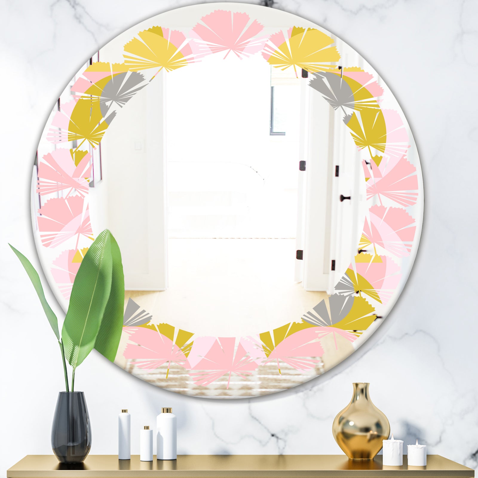 Retro Pastel Circular Pattern IV - Modern Round or Oval Wall Mirror - Leaves