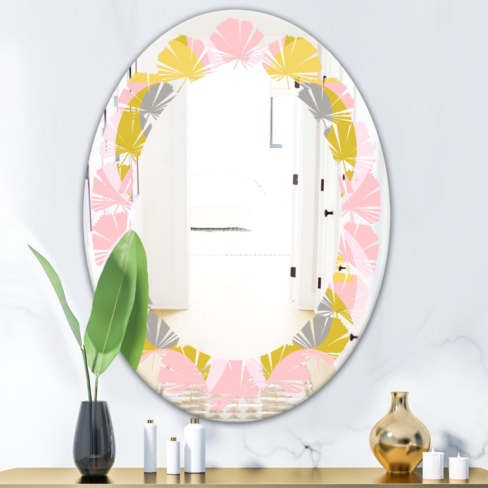 Retro Pastel Circular Pattern IV - Modern Round or Oval Wall Mirror - Leaves
