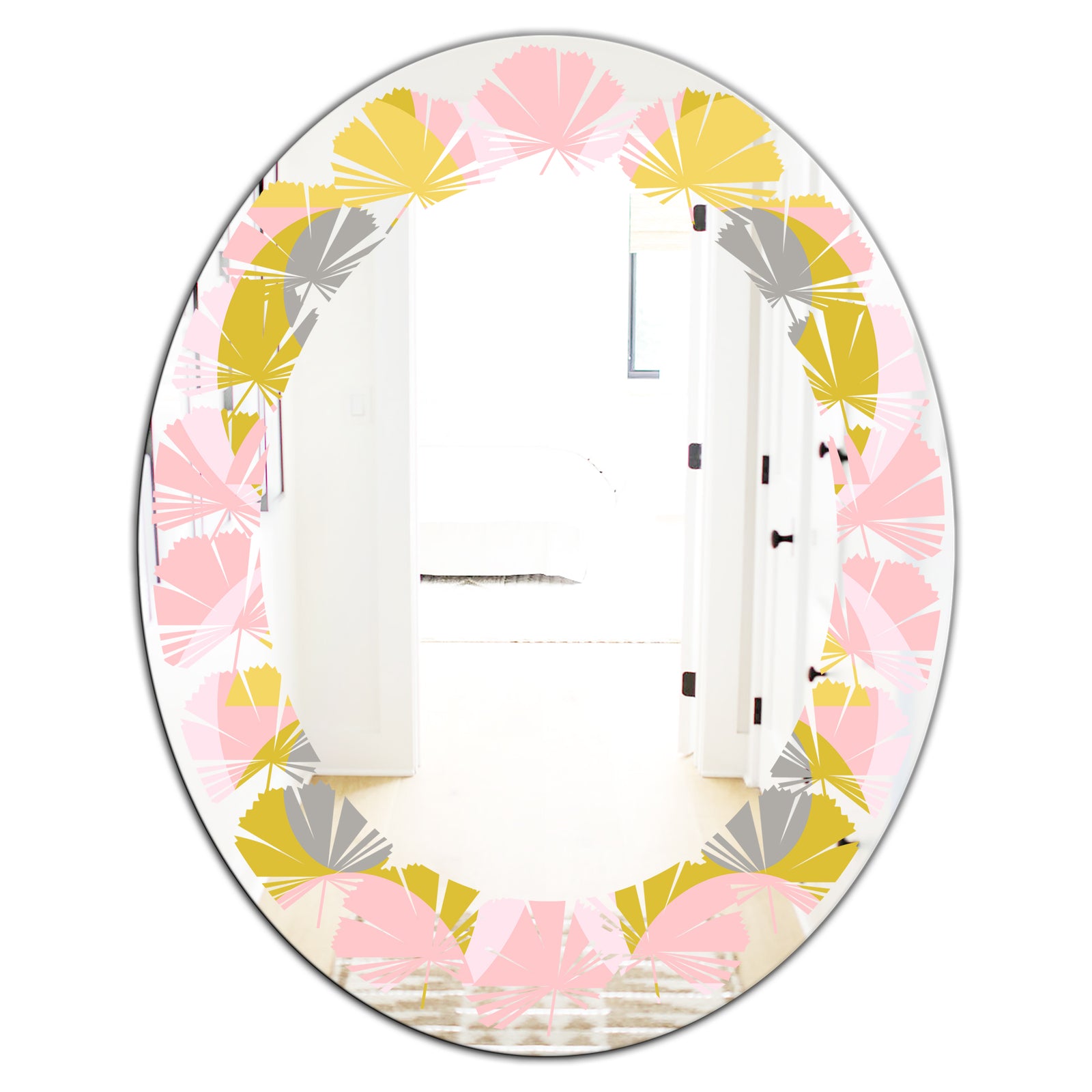 Retro Pastel Circular Pattern IV - Modern Round or Oval Wall Mirror - Leaves