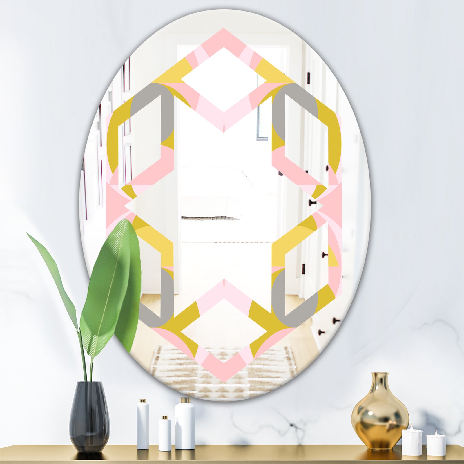 Retro Pastel Circular Pattern IV - Modern Round or Oval Wall Mirror - Hexagon Star