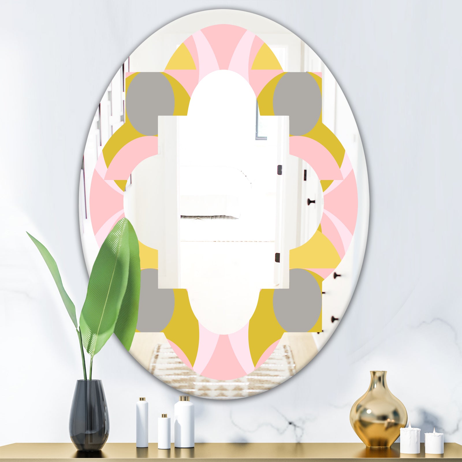 Retro Pastel Circular Pattern IV - Modern Round or Oval Wall Mirror - Quatrefoil