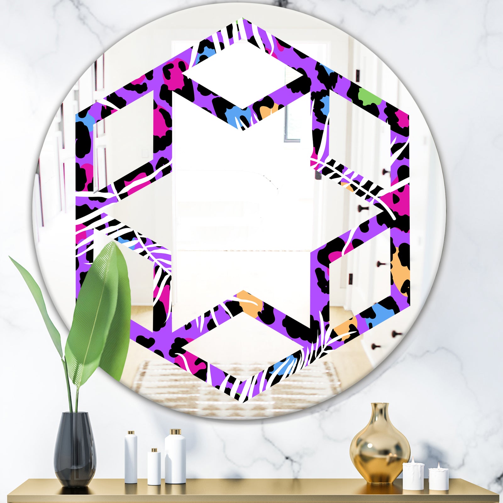 Leopard Fur Safari VIII - Modern Round or Oval Wall Mirror - Hexagon Star