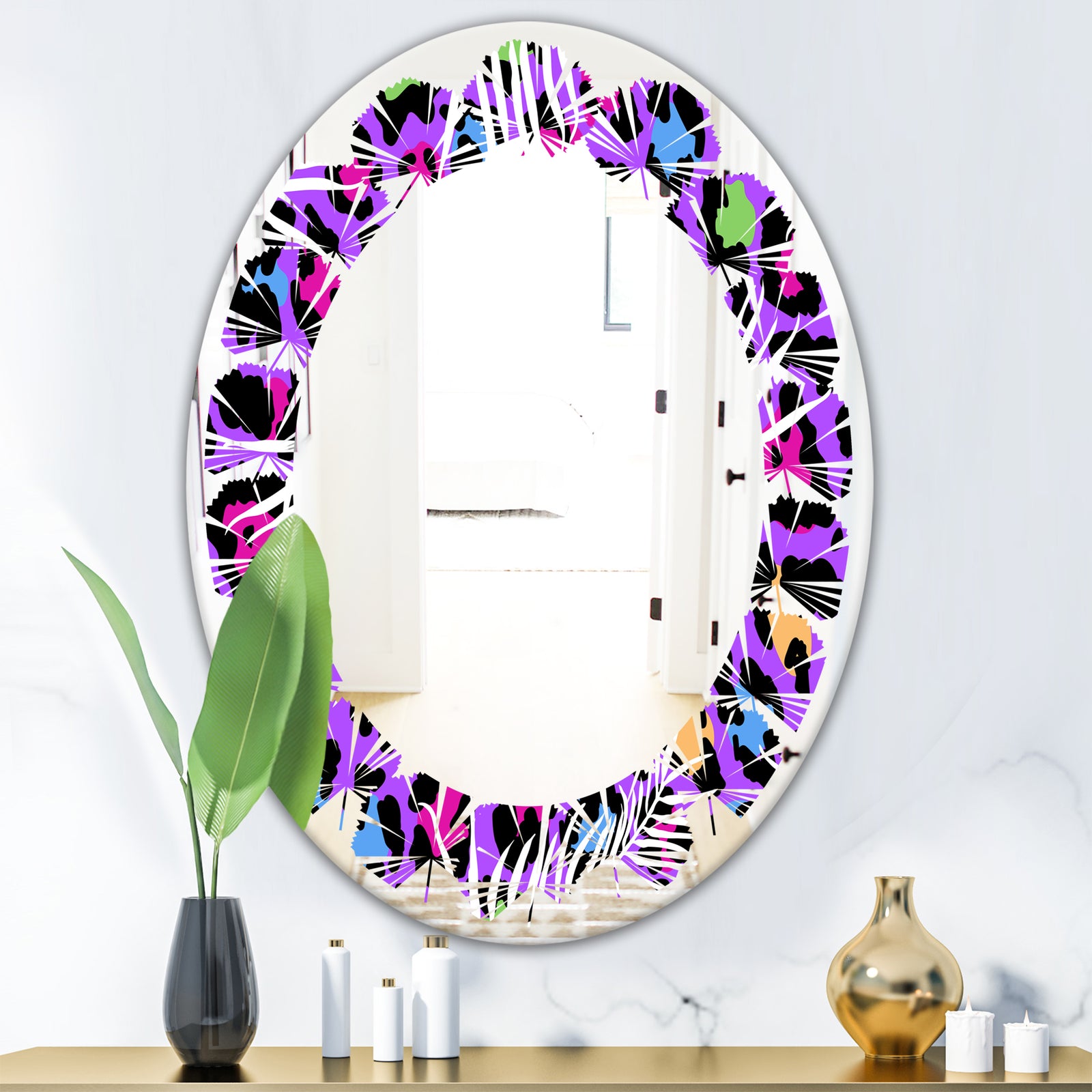 Leopard Fur Safari VIII - Modern Round or Oval Wall Mirror - Leaves