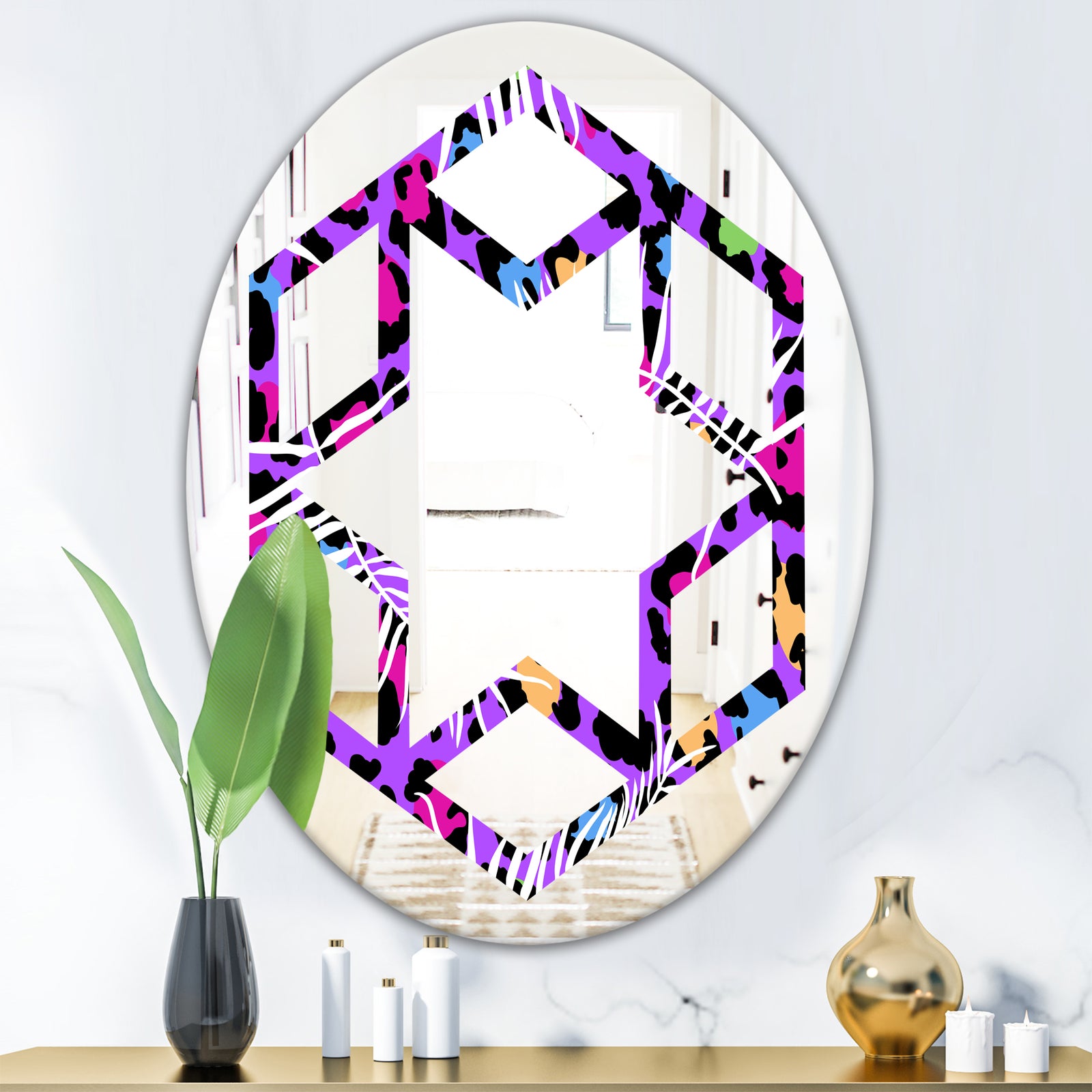 Leopard Fur Safari VIII - Modern Round or Oval Wall Mirror - Hexagon Star