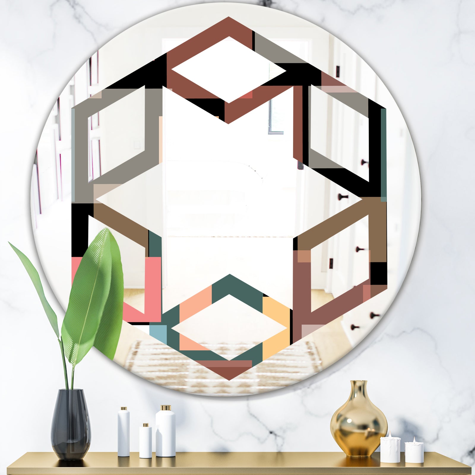 Retro Square Design II - Modern Round or Oval Wall Mirror - Hexagon Star
