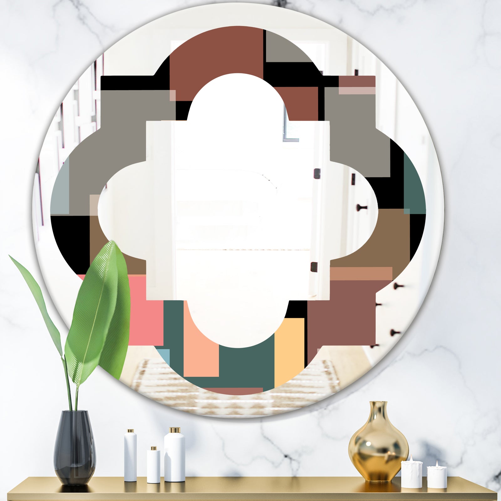 Retro Square Design II - Modern Round or Oval Wall Mirror - Quatrefoil