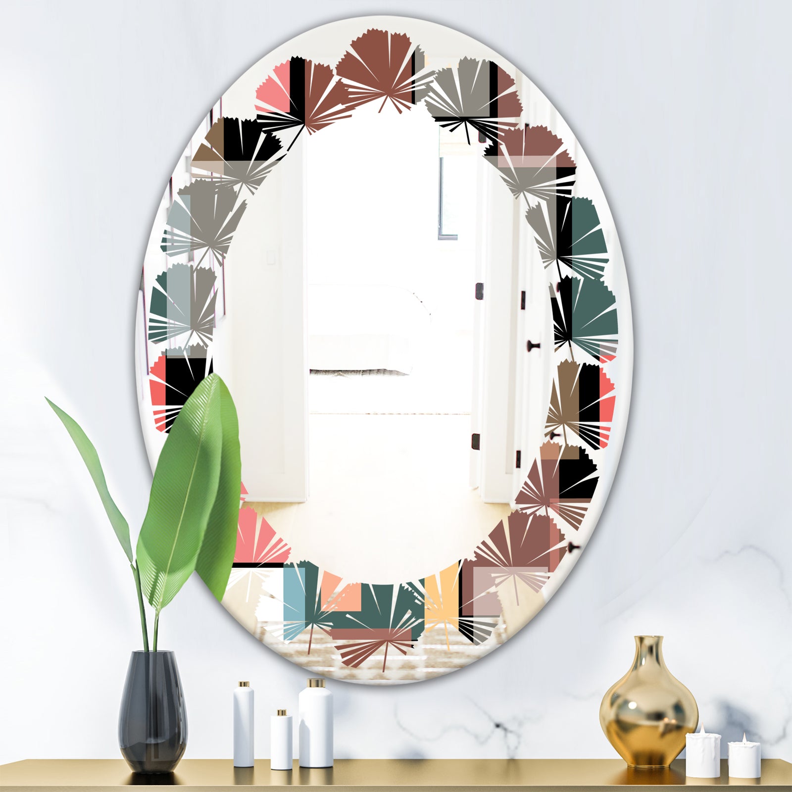 Retro Square Design II - Modern Round or Oval Wall Mirror - Leaves