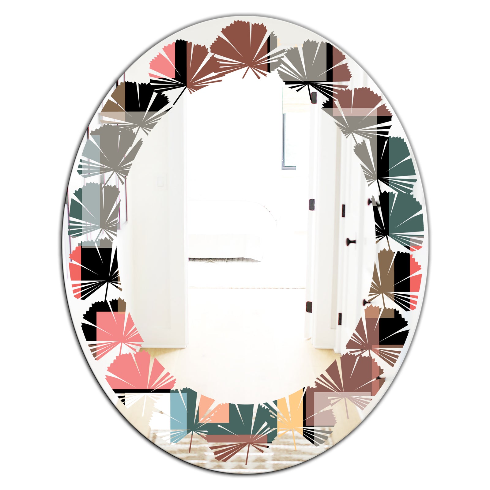 Retro Square Design II - Modern Round or Oval Wall Mirror - Leaves
