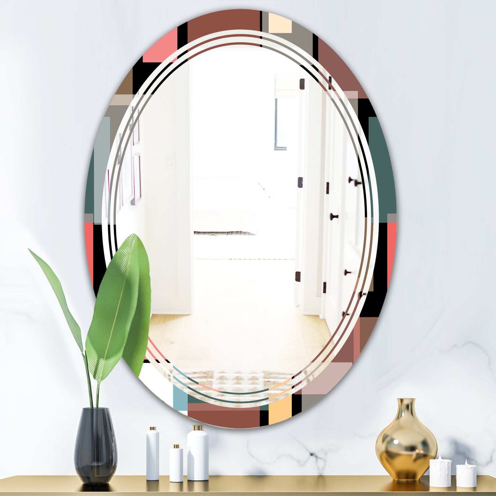 Retro Square Design II - Modern Round or Oval Wall Mirror - Triple C
