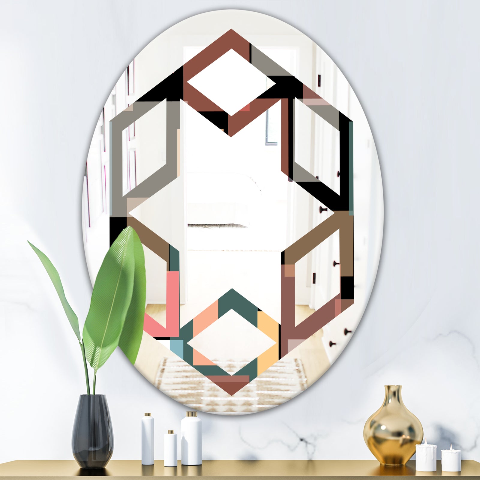 Retro Square Design II - Modern Round or Oval Wall Mirror - Hexagon Star
