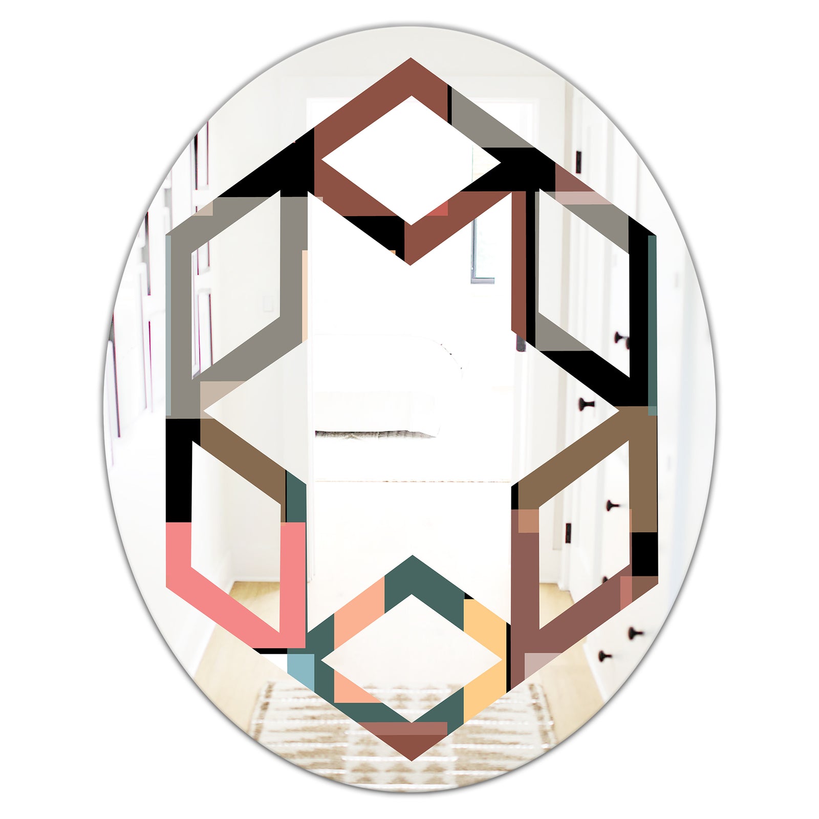 Retro Square Design II - Modern Round or Oval Wall Mirror - Hexagon Star