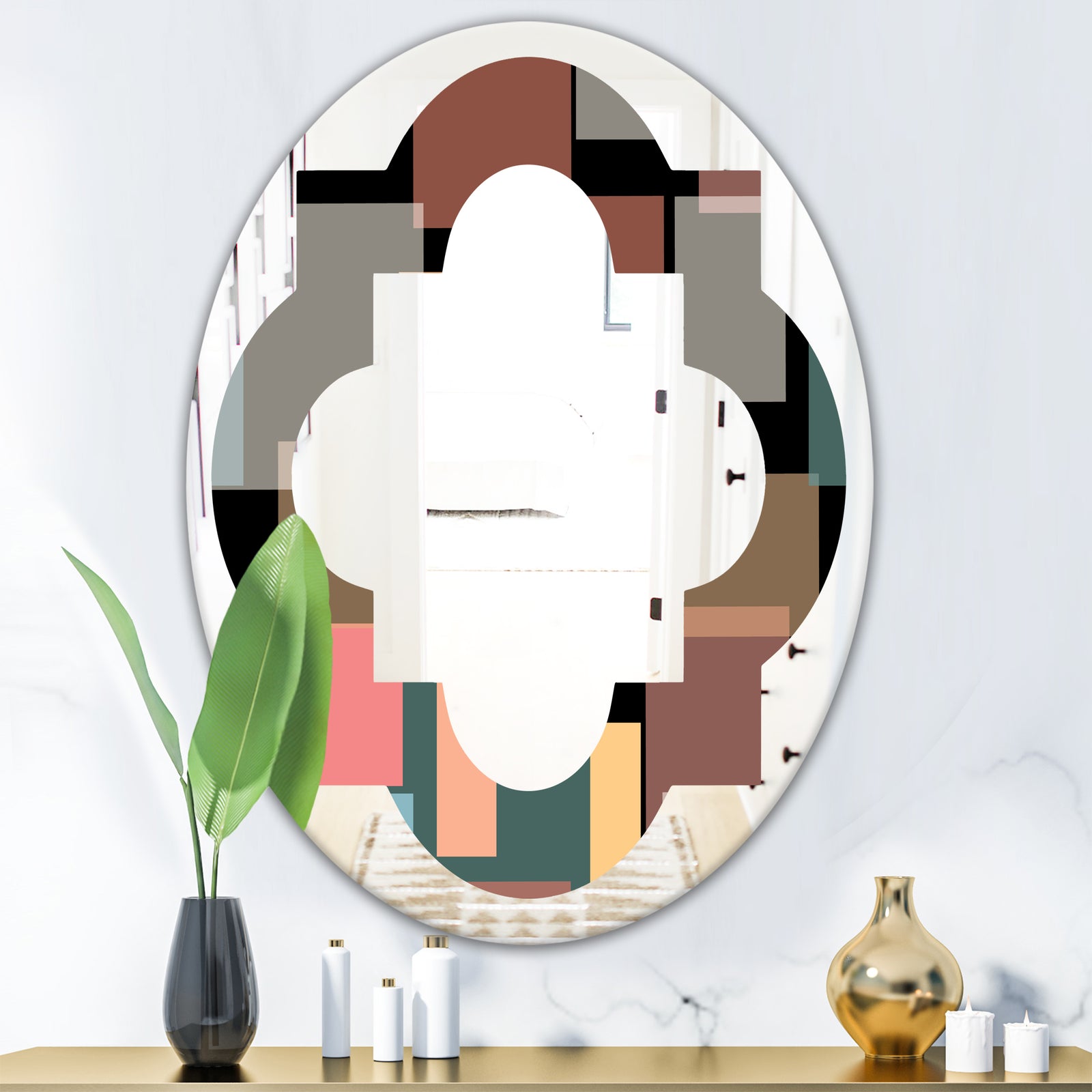 Retro Square Design II - Modern Round or Oval Wall Mirror - Quatrefoil