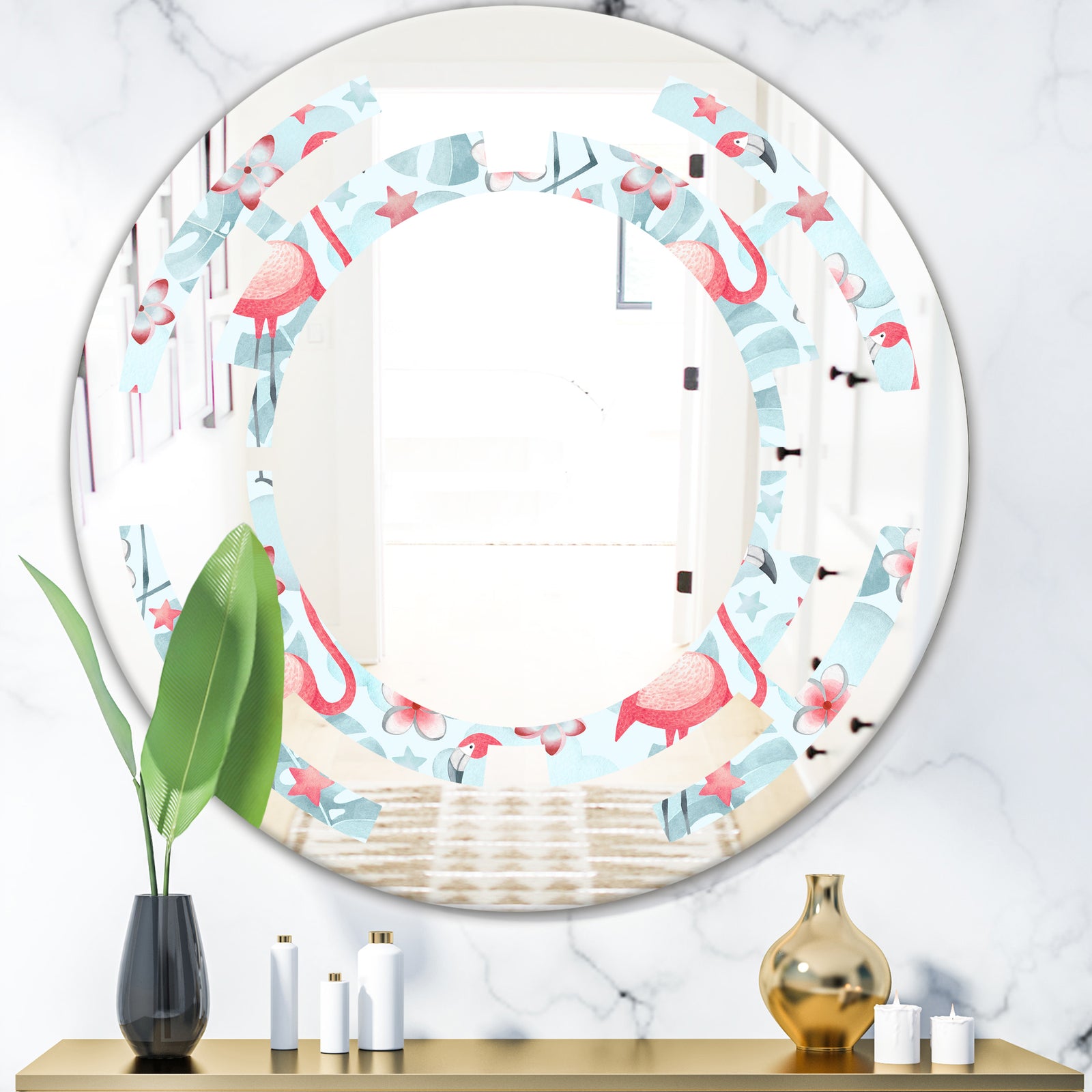 Tropical Botanicals, Flowers and Flamingo III - Modern Round or Oval Wall Mirror - Space