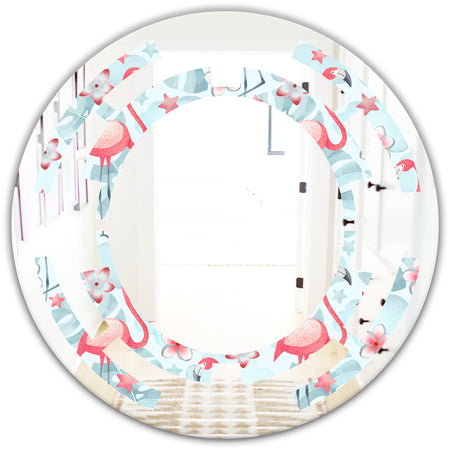 Tropical Botanicals, Flowers and Flamingo III - Modern Round or Oval Wall Mirror - Space