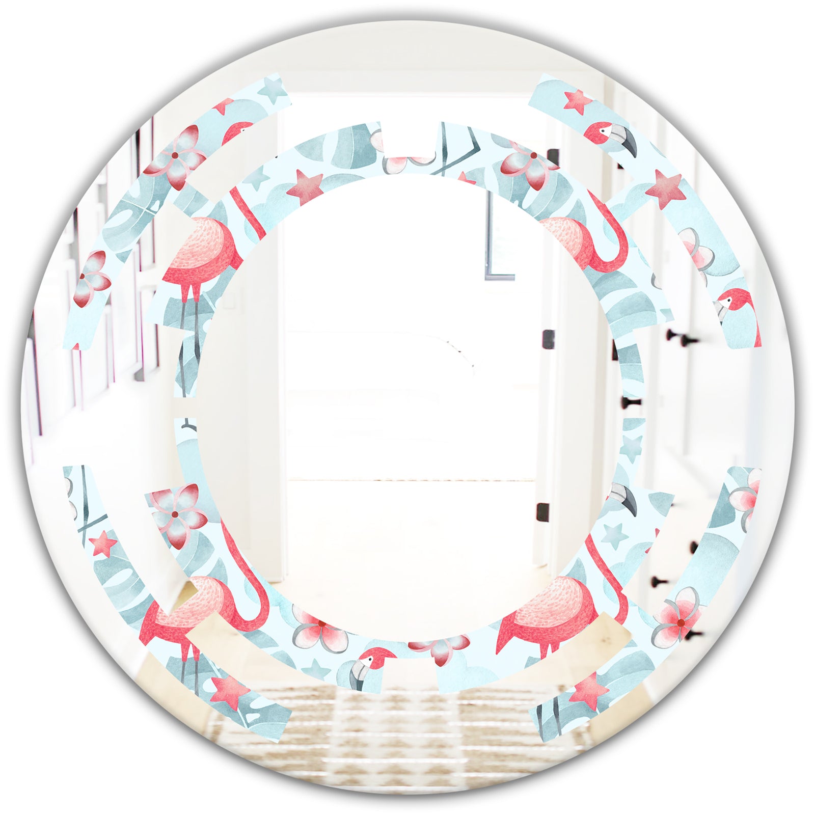 Tropical Botanicals, Flowers and Flamingo III - Modern Round or Oval Wall Mirror - Space