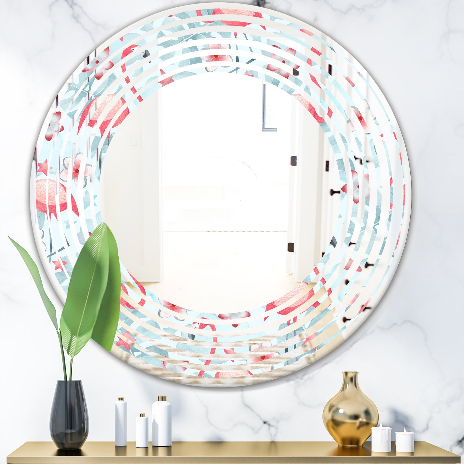 Tropical Botanicals, Flowers and Flamingo III - Modern Round or Oval Wall Mirror - Wave