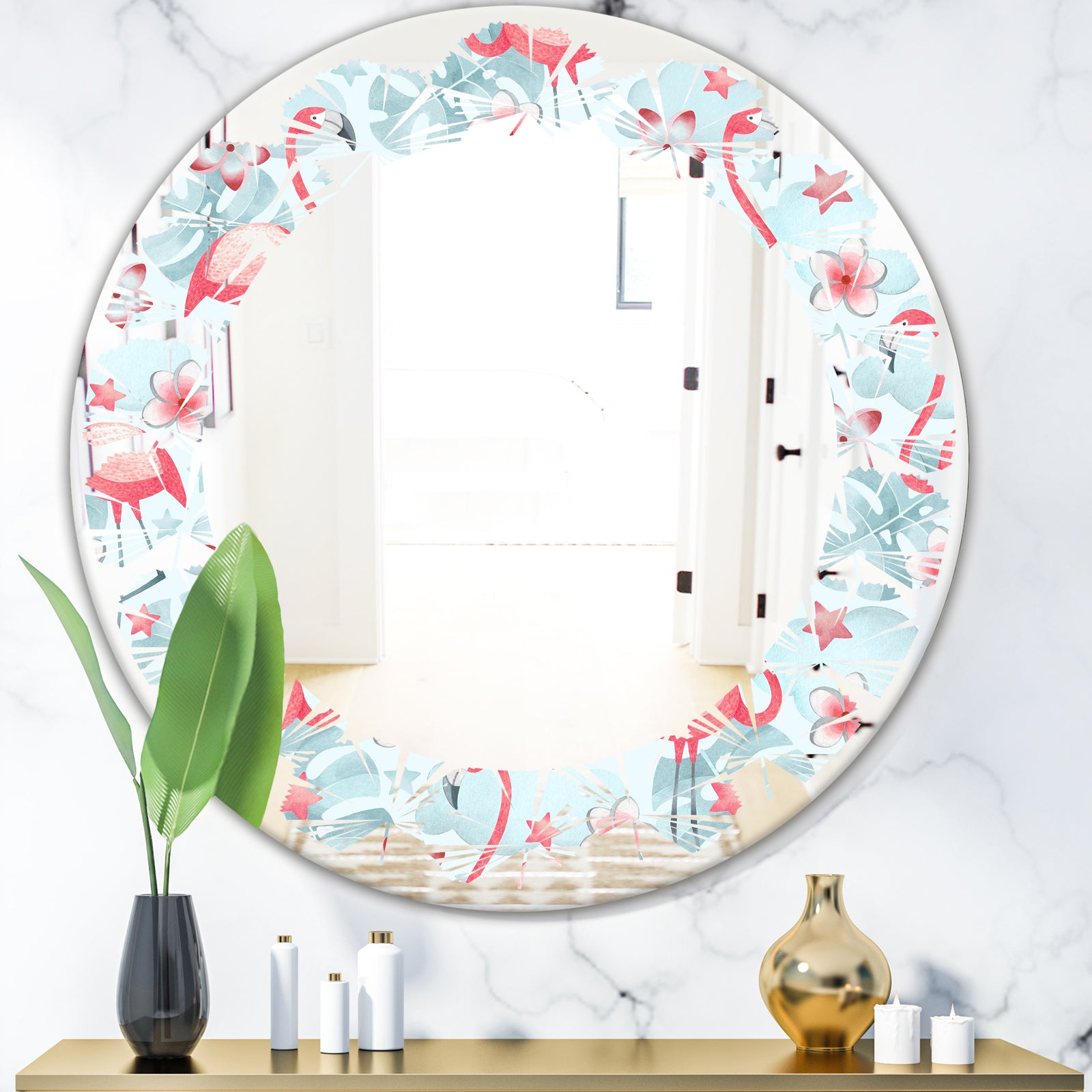Tropical Botanicals, Flowers and Flamingo III - Modern Round or Oval Wall Mirror - Leaves