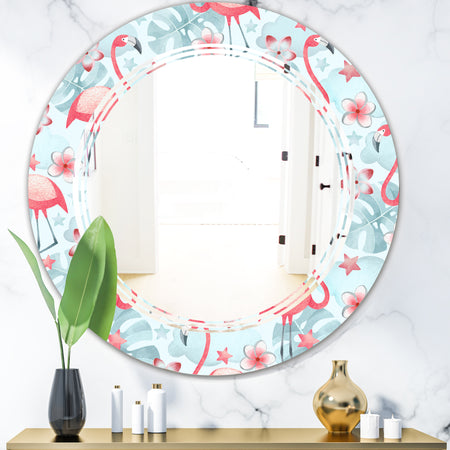 Tropical Botanicals, Flowers and Flamingo III - Modern Round or Oval Wall Mirror - Triple C