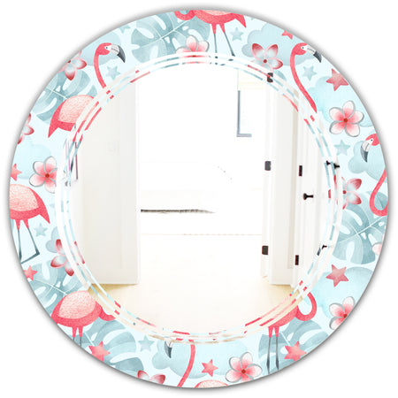 Tropical Botanicals, Flowers and Flamingo III - Modern Round or Oval Wall Mirror - Triple C
