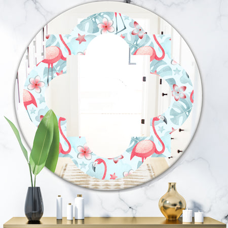 Tropical Botanicals, Flowers and Flamingo III - Modern Round or Oval Wall Mirror - Quatrefoil